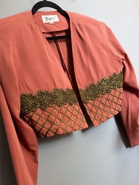 Salmon Pink Cropped Bolero Jacket with Ornate Embellishment Lace Detail